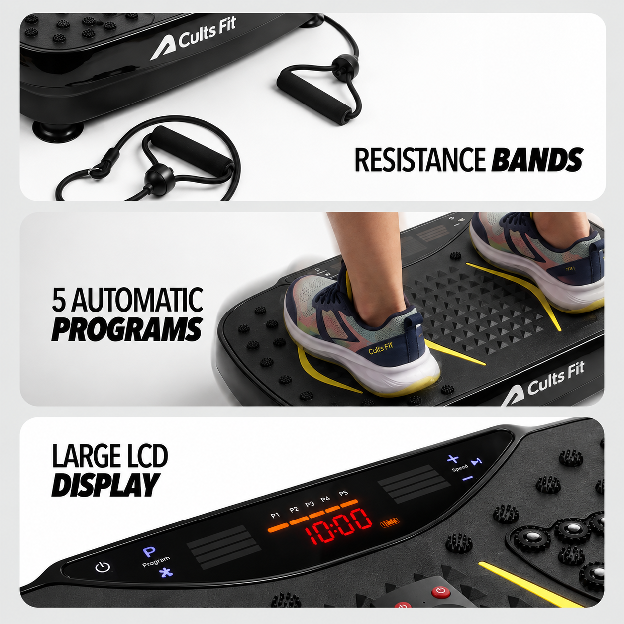 Cults Fit vibration plate exercise machine shown in a three-panel collage highlighting key features: resistance bands, a person stepping onto the platform with text reading &