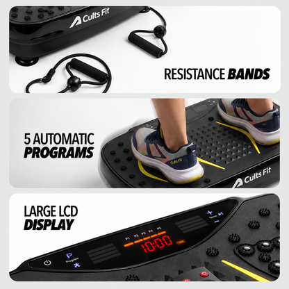 Cults Fit vibration plate exercise machine shown in a three-panel collage highlighting key features: resistance bands, a person stepping onto the platform with text reading &