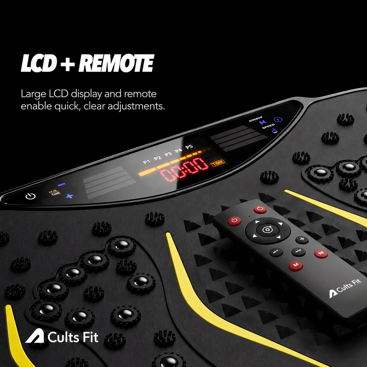Black Cults Fit electronic music training pad with yellow accents, featuring an integrated LCD display and a matching remote control, shown on a black background with promotional text.