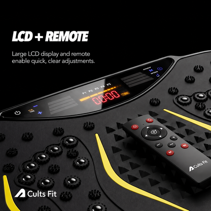 Black Cults Fit electronic music training pad with yellow accents, featuring an integrated LCD display and a matching remote control, shown on a black background with promotional text.