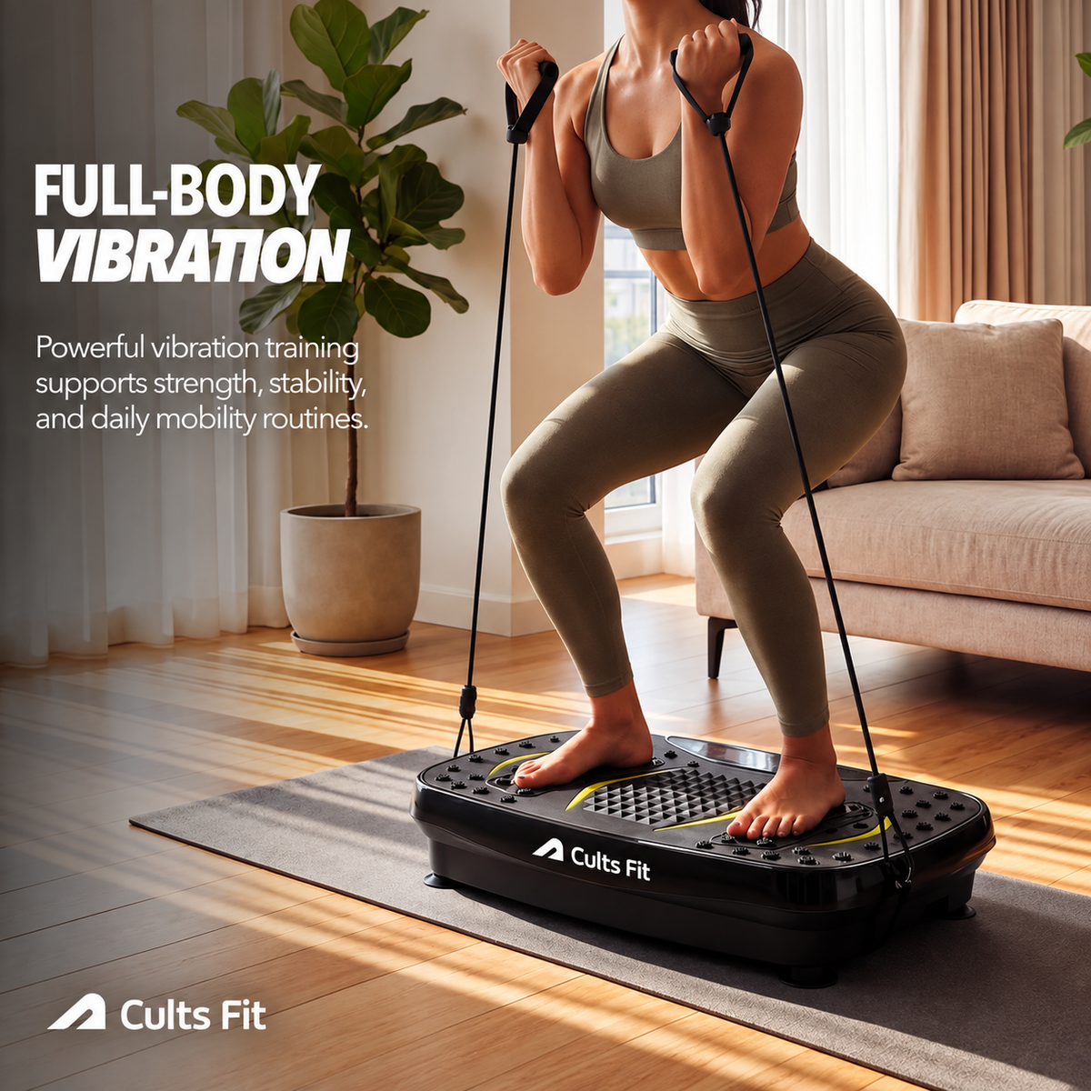 A woman in a gray sports bra and leggings stands on a Cults Fit vibration platform in a bright living room, pulling resistance bands with her hands. Large text on the left reads &