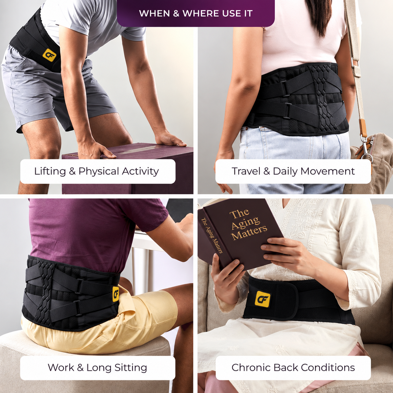 Four-panel lifestyle collage showing a black lumbar support belt worn by different people in various situations: lifting a box, traveling and moving daily, sitting and working, and managing chronic back conditions. The top banner reads &