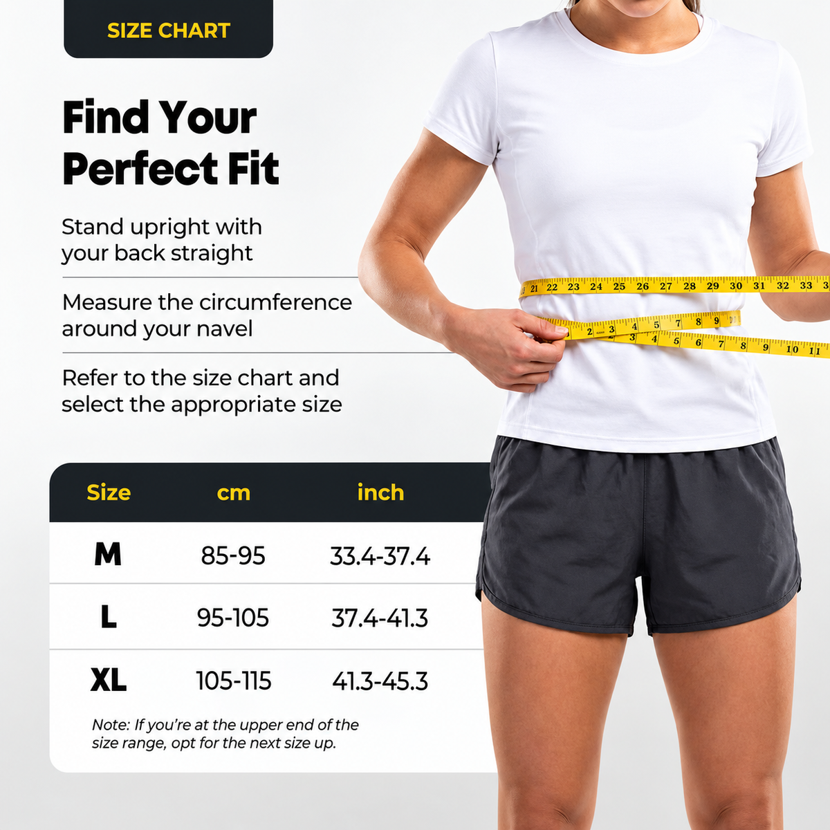 Size chart graphic showing a woman measuring her torso with a yellow tape measure while wearing a white T-shirt and dark shorts. Text explains how to measure for a perfect fit, and a size table lists M, L, and XL in centimeters and inches.