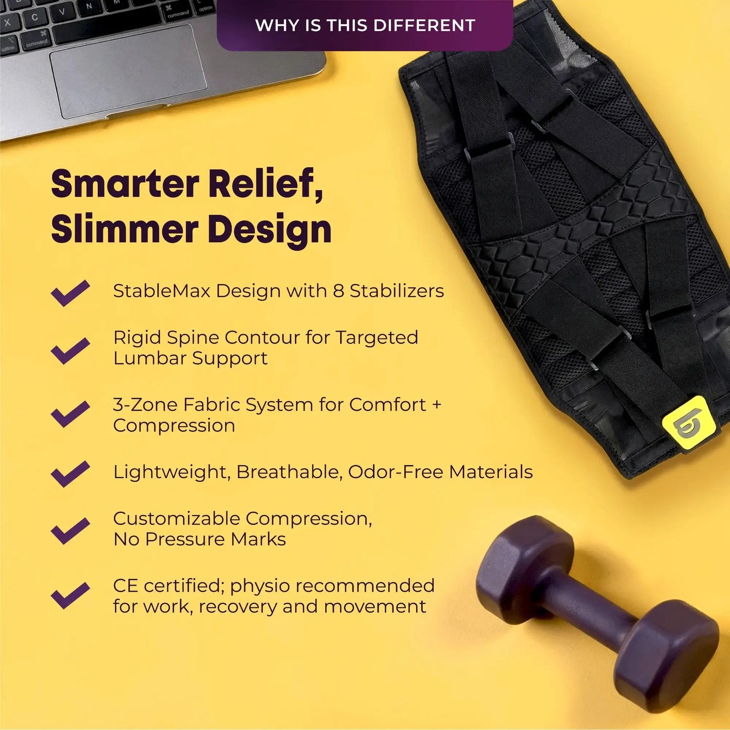 A black lumbar support brace with a small yellow tag is displayed on a yellow background next to a laptop corner and a dumbbell, with marketing text describing its features.