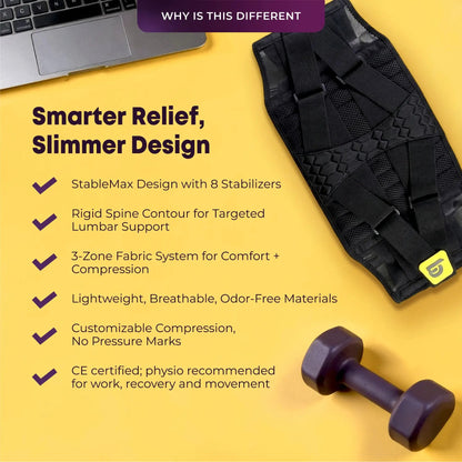 A black lumbar support brace with a small yellow tag is displayed on a yellow background next to a laptop corner and a dumbbell, with marketing text describing its features.