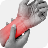 A close-up of a hand holding and pressing a wrist area with a red highlighted pain zone, shown on a light gray background.